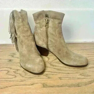 Sam Edelman Women's Louie Taupe Suede Fringe Ankle Zip Up Boots Size US 8